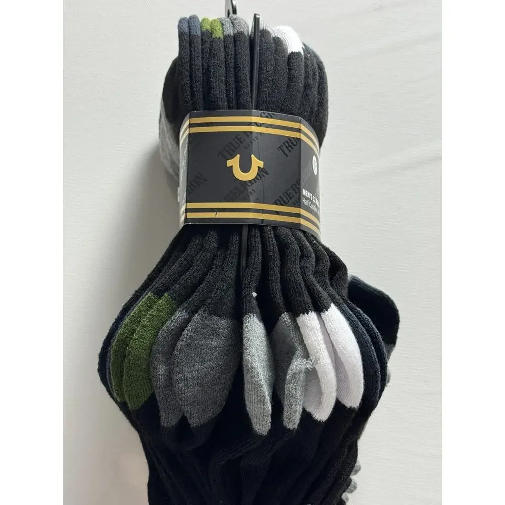 True Religion Men's 12 Pack Half Cushion Mid Crew Socks Black Gray Shoe 8-12.5 N